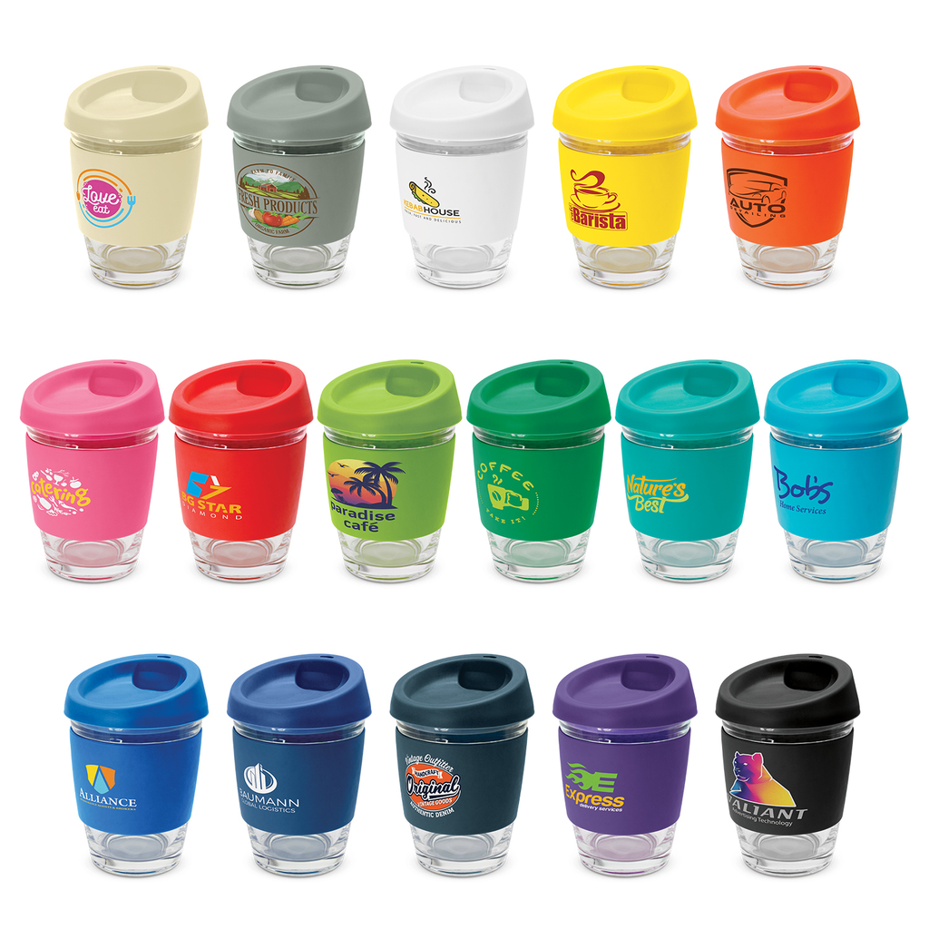 Fashion inspired 340ml reusable glass coffee cup