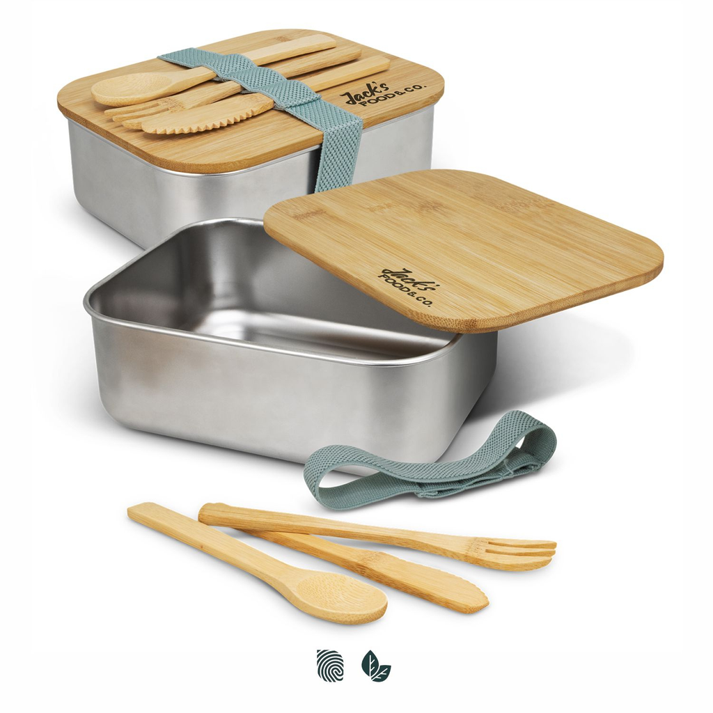 Functional stainless steel lunch box with a natural bamboo lid